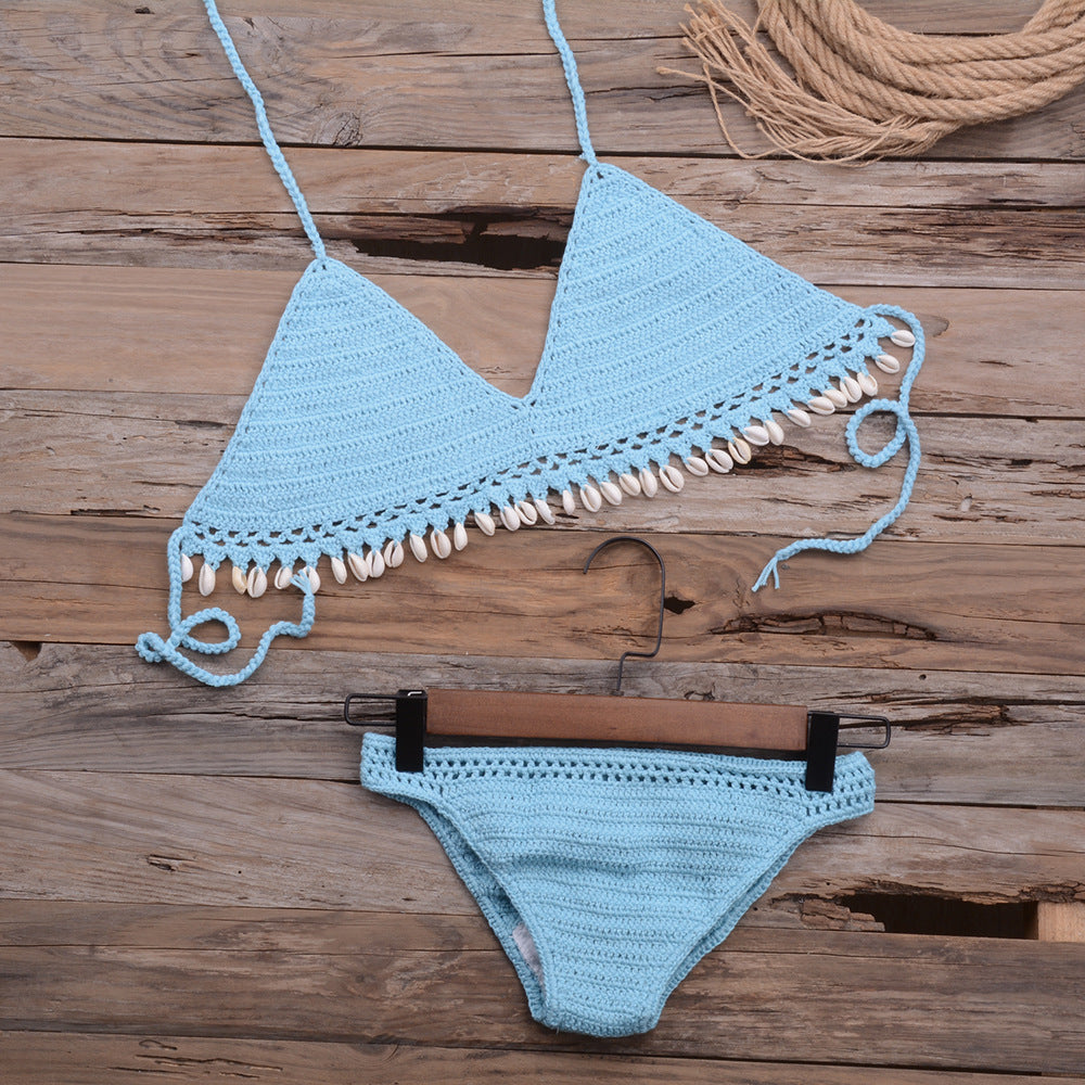 Dame hæklet bikini-sæt med muslingdekorations Stilla