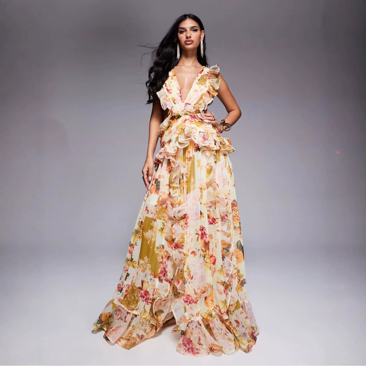 Damer Elegant Maxi Kjole med Blomster Flæser og Dyb V-Udskæring