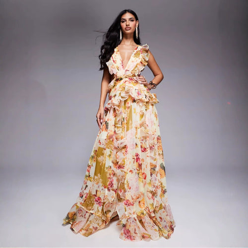 Damer Elegant Maxi Kjole med Blomster Flæser og Dyb V-Udskæring