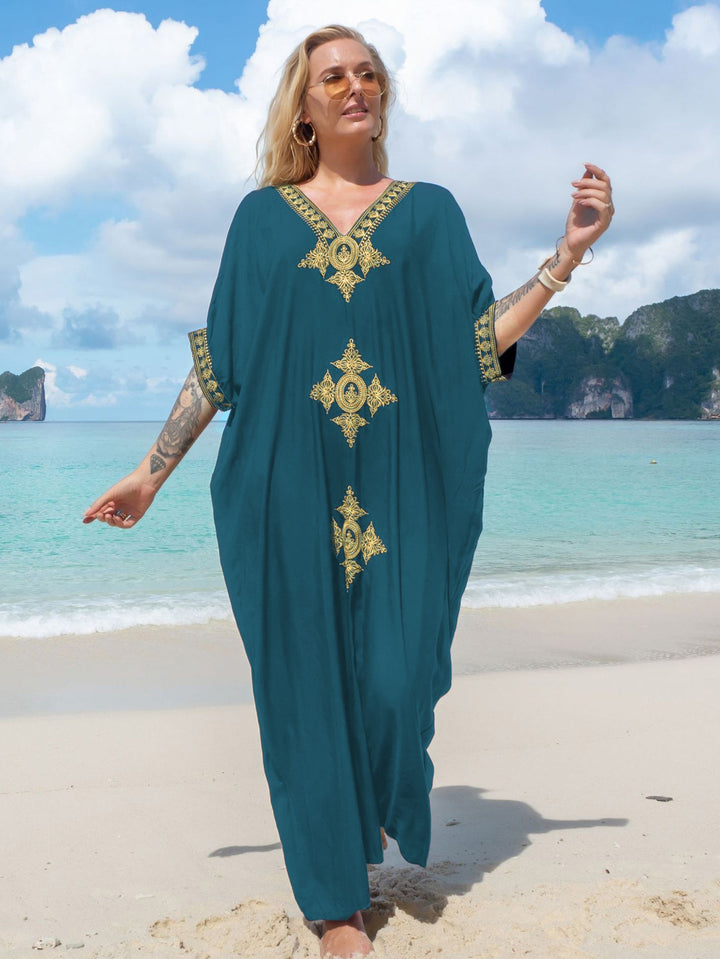 Dame Maxi-Kaftan med kunstnerisk broderi og elegant V-udskæring Stilla