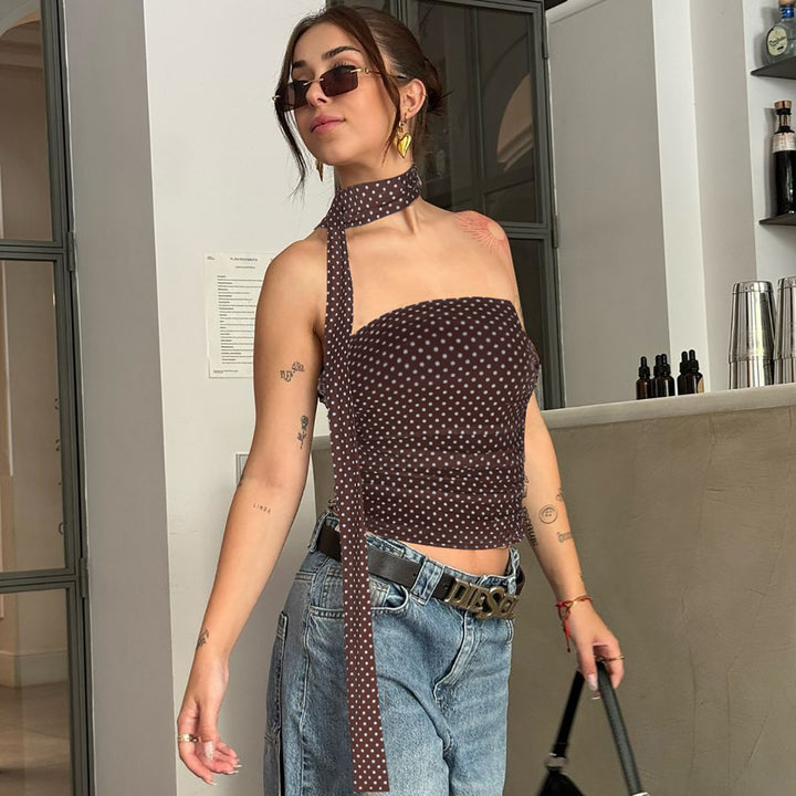 Dame Polka-Dots Bandeau-top med bindebånd og elastisk materiale Stilla