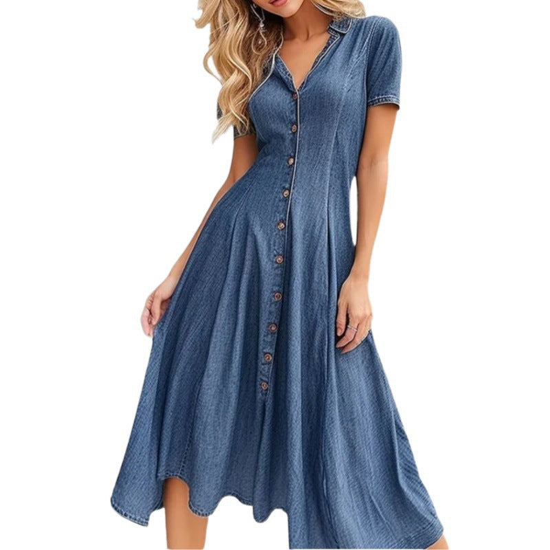 Femme Knopf-Down Denim Midi Kjole Stilla