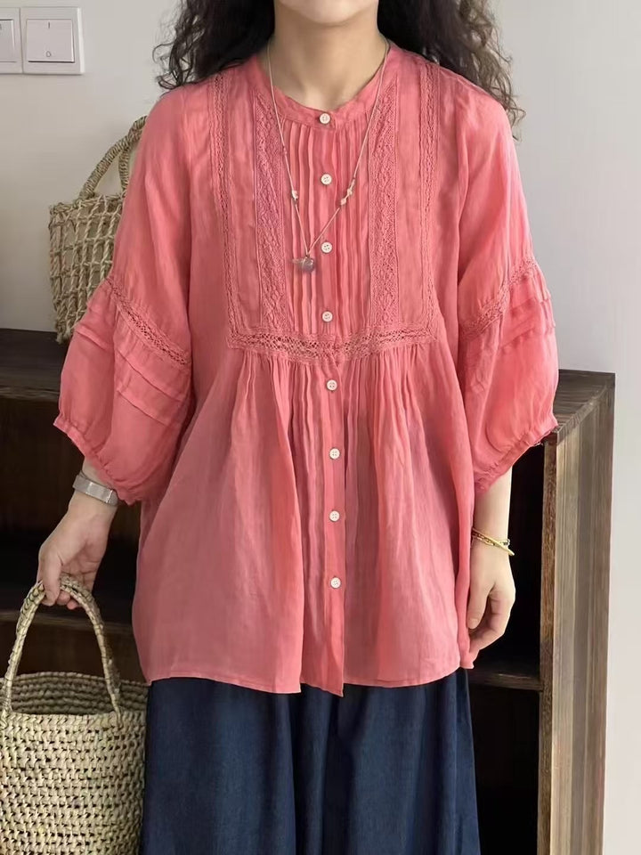 Dame Button-Up Bohemian Bluse med Blonde Stilla