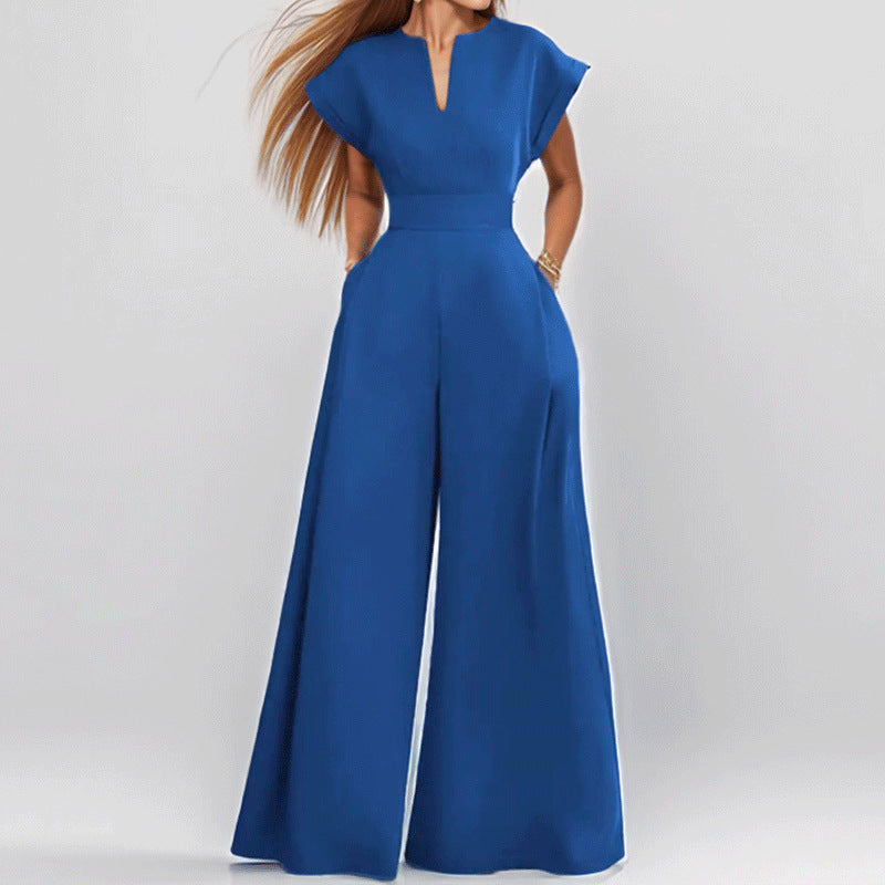 Damer Elegant Bred Jumpsuit med Korte Ærmer og Dyb Udringning Stilla