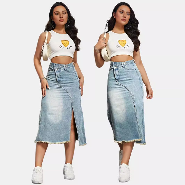 Dame midi jeans nederdel med høj talje og stilfuldt frynsekant