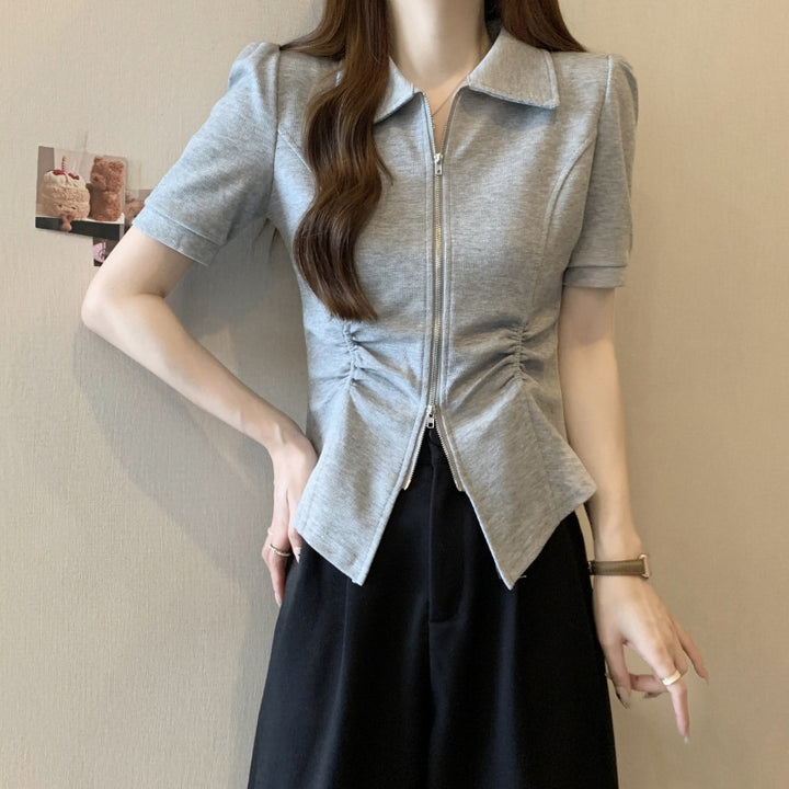Femme Lynlås foran Peplum Bluse med Rynkning Stilla