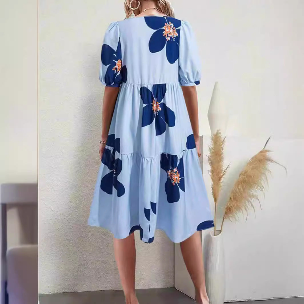 Dame maxikjole med pufærmer og blomstermotiv Stilla