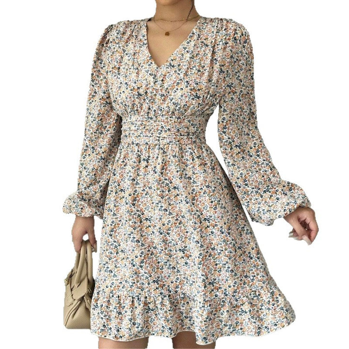 Damer Floral Print Swing Kjole med V-Udskæring og Pufærmer Stilla