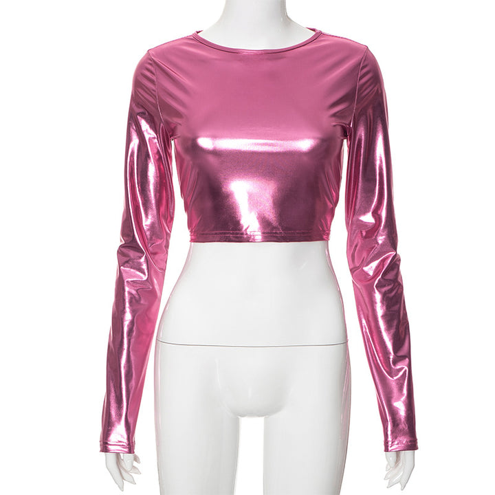 Dame Crop-top med glinsende overflade og lang arm Stilla