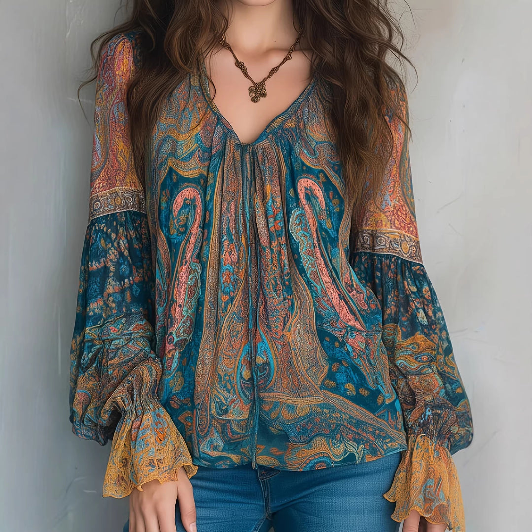 Dame Boho-Chic Bluse med flammende ærmer og V-hals Skovae