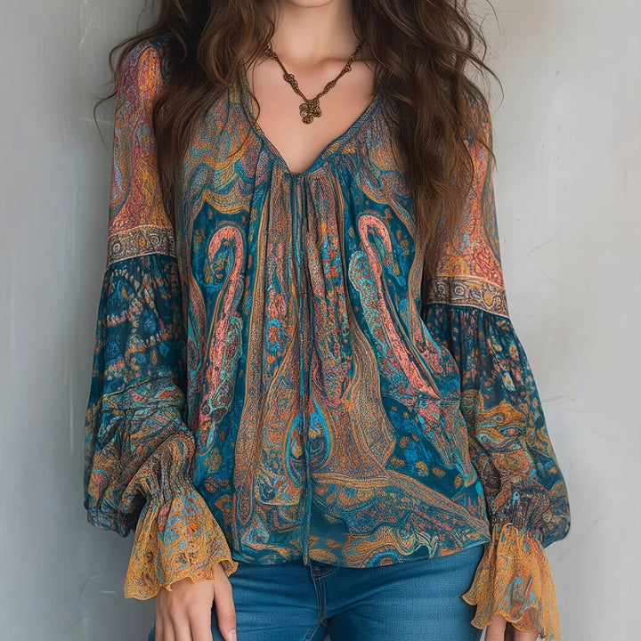 Dame Boho-Chic Bluse med flammende ærmer og V-hals Skovae