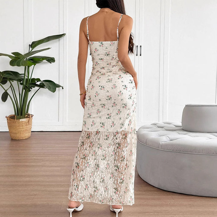 Dame maxikjole med raffineret spidskant og blomsterdesign Skovae