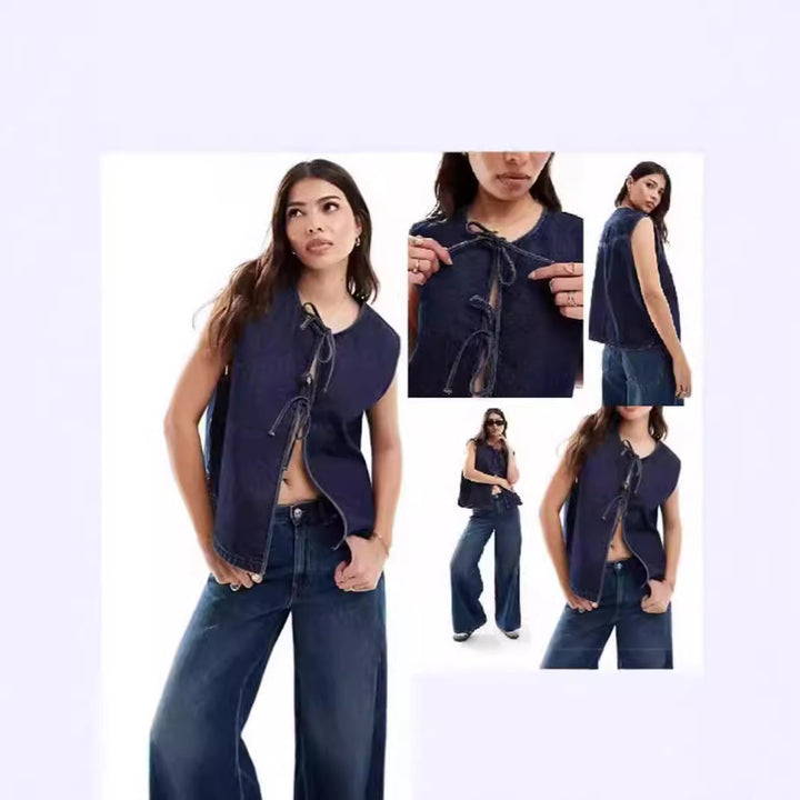 Dame Denim Vest med Raffinerede Bindebånd Stilla