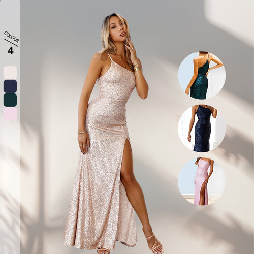 Kvinders glitrende aftenkjole med tætsiddende snit og elegant split Skovae