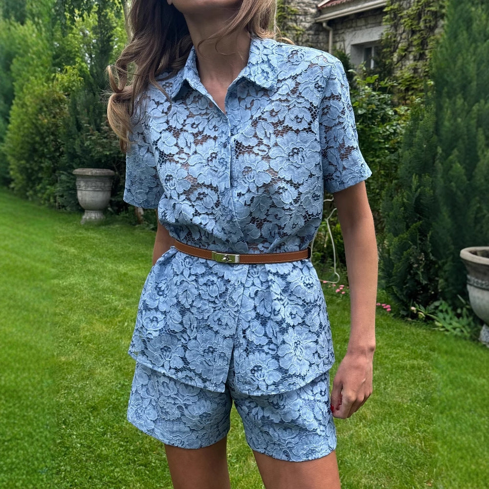 Dame elegant kortærmet bluse- og shorts-sæt i lace Stilla