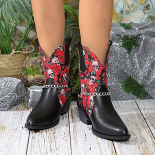 Dame cowboystøvler med floralt dødningehoved-design og stilfuld kædeaccent Stilla
