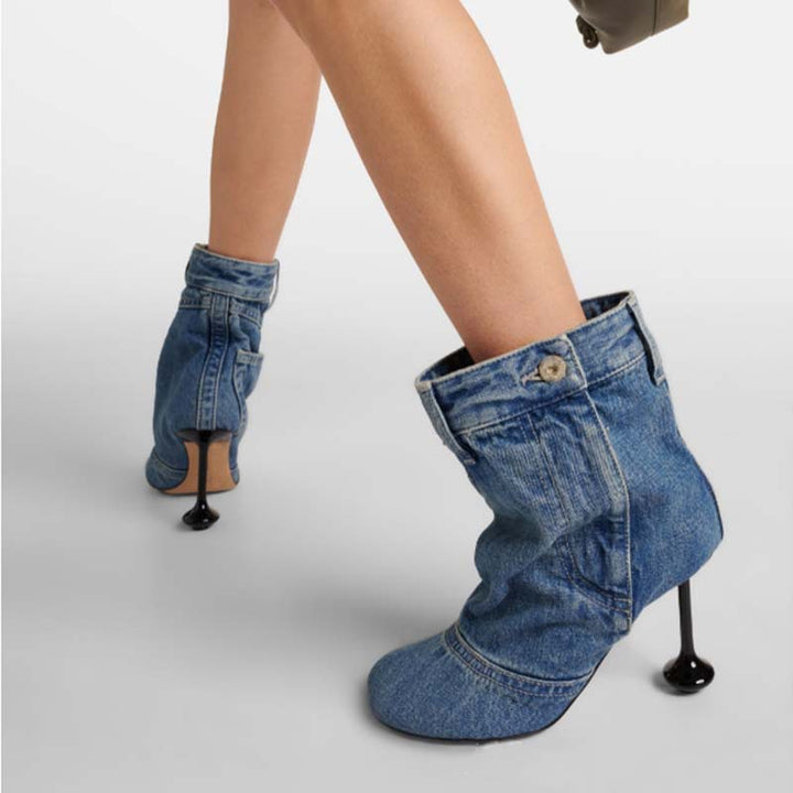 Dame High-Heel Denim Støvler med skulptureret hæl Stilla