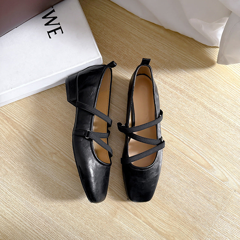 Dame Strappy Quadratæer Ballerina Flats med justerbare anklerem Stilla