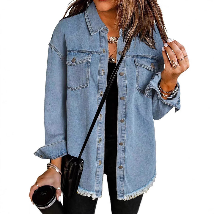 Dame Denim Skjortejakke i afslappet Oversized-stil med frynser Stilla