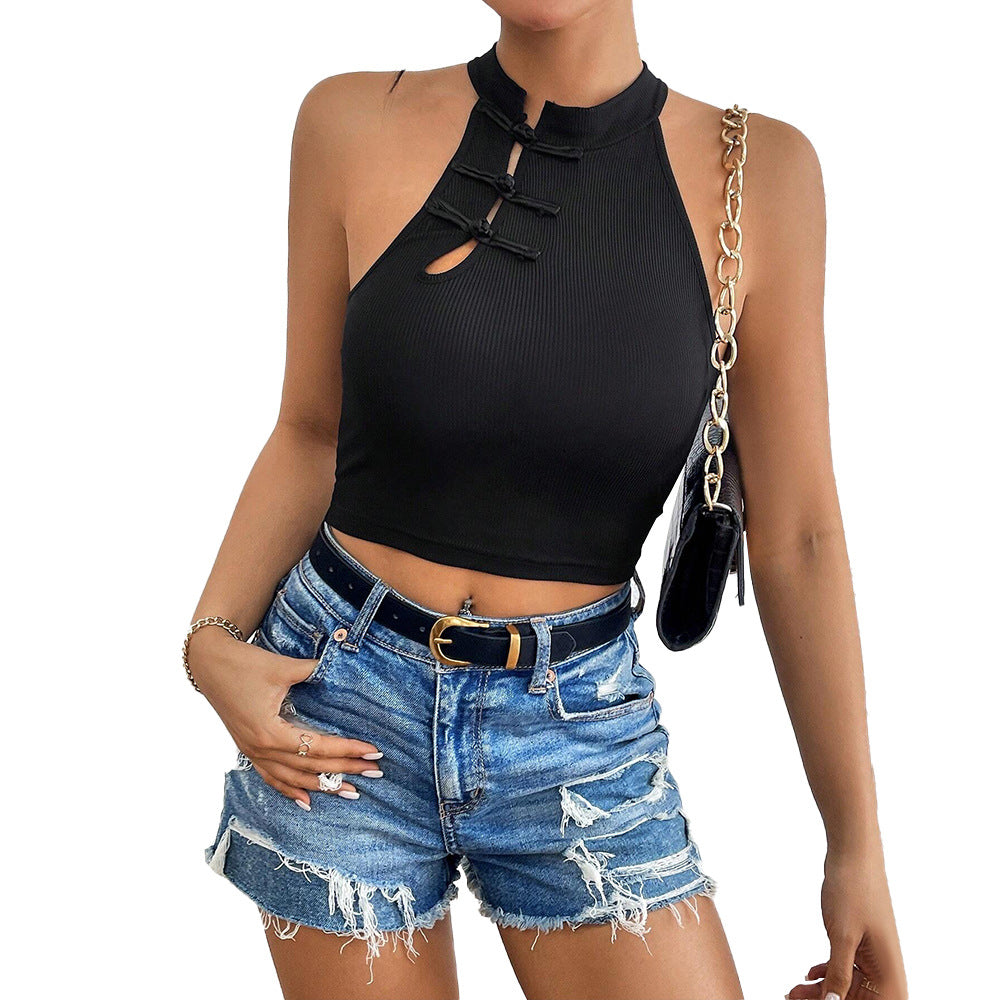 Damer elegant crop top med praktisk knapstolpe og høj krave Stilla