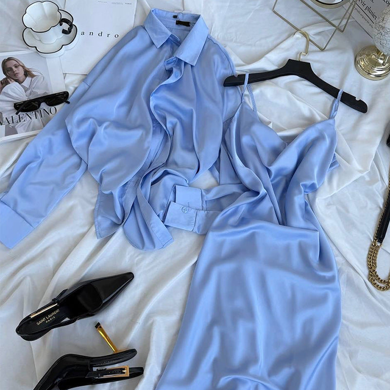 Dame elegant Satin Maxikjole med spaghetti-stropper og flydende snit Stilla