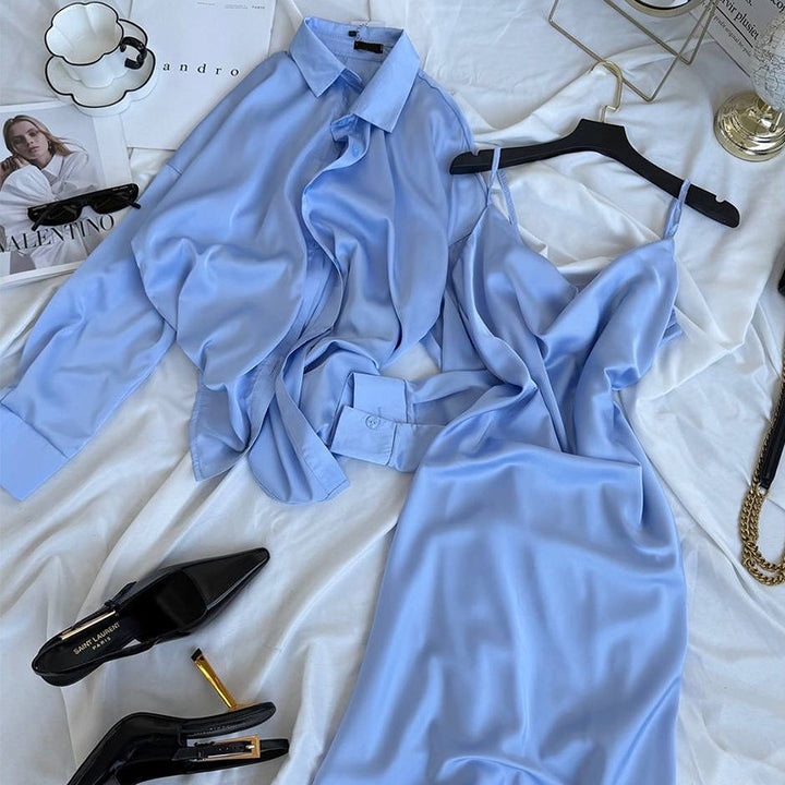 Dame elegant Satin Maxikjole med spaghetti-stropper og flydende snit Stilla