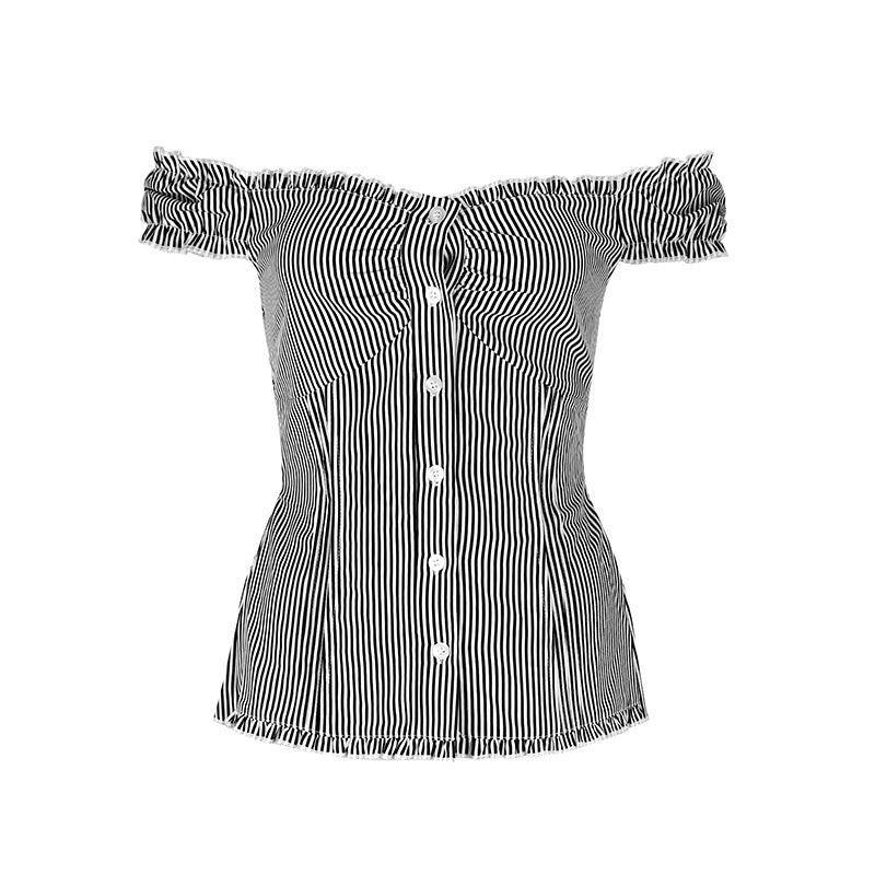 Dame Off-Shoulder Bluse med fine flæsedetaljer og stribet mønster Skovae