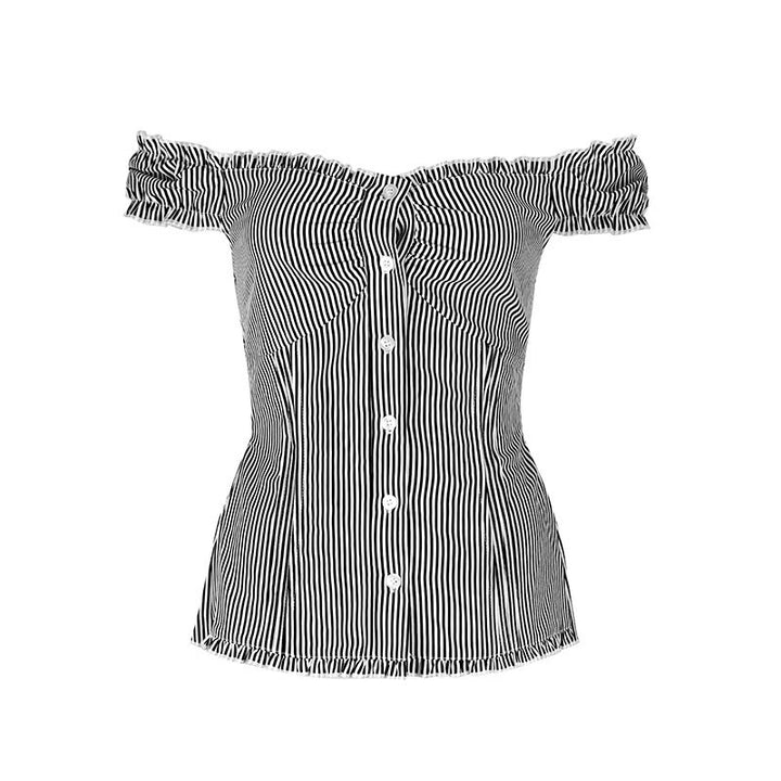 Dame Off-Shoulder Bluse med fine flæsedetaljer og stribet mønster Skovae
