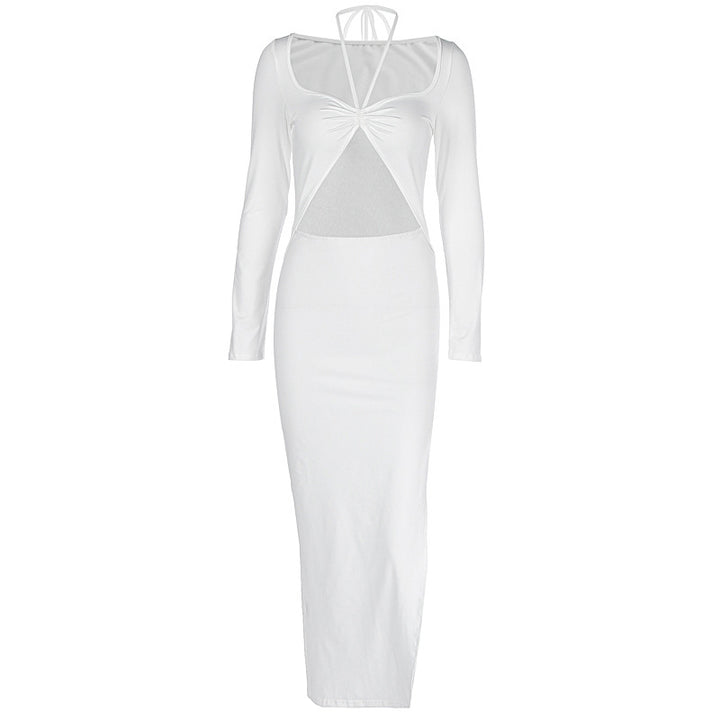 Dame Elegante Langærmet Kjole med Cut-Out-Design og Rynket Overdel Stilla