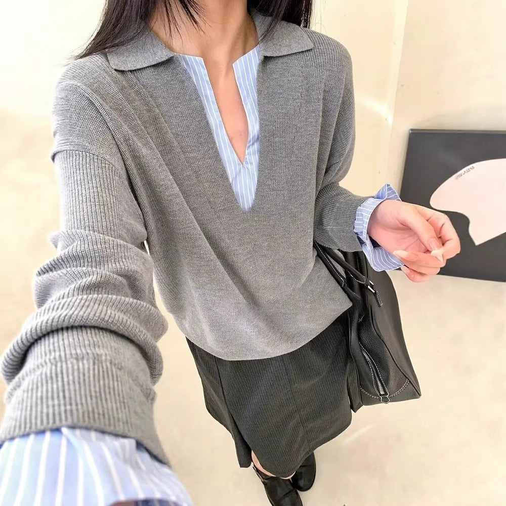 Dame Elegant Sweater med Indsat Skjortekrave Stilla