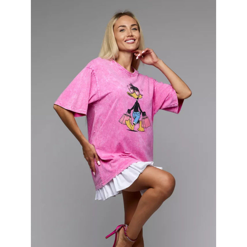 Dame T-Shirt kjole med kreativt cartoon-print og oversized pasform Stilla