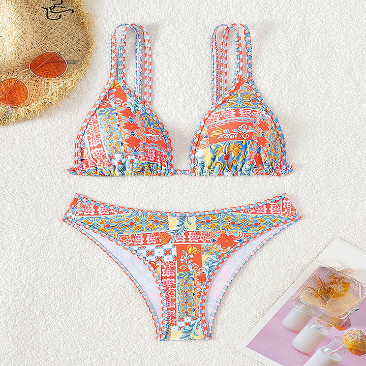 Dame Triangel-Bikini med kreativt blomsterdesign og justerbare stropper Skovae