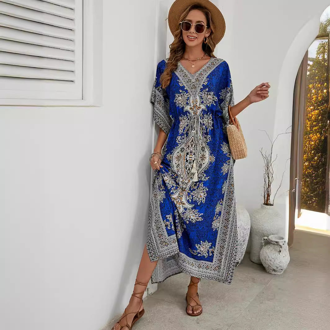 Dame Kaftan-kjole i Boho-stil med raffinerede mønstre og sidelæg Stilla