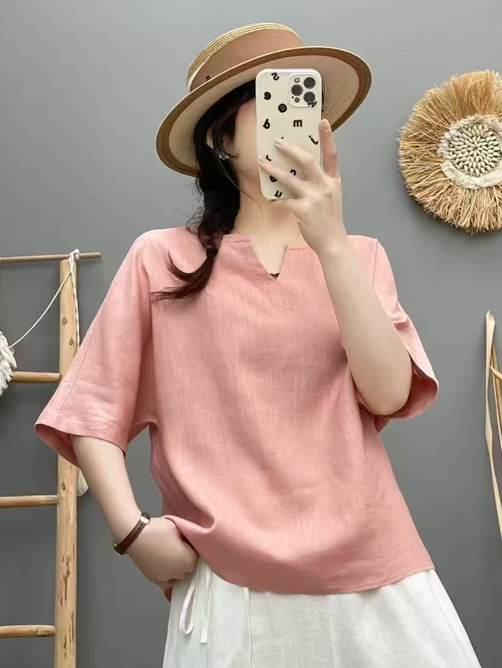 Femme Let V-Udskæring Linned Top Stilla