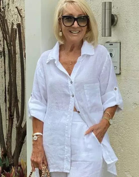 Dame Lettere Linned bluse med afslappet snit og knapdetaljer Stilla