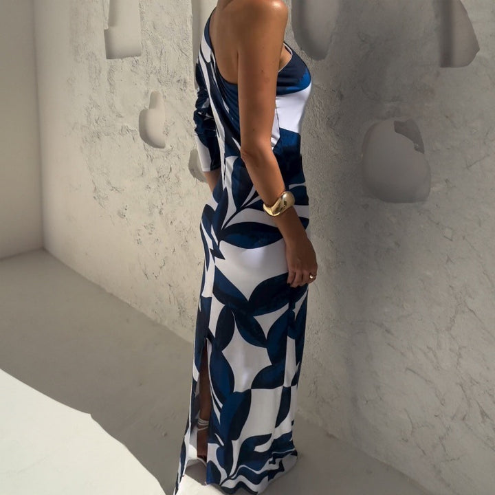 Dame elegant asymmetrisk Maxi-kjole med blomstermotiv og puffærmer Stilla