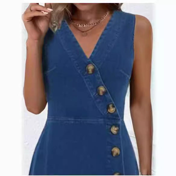 Dame Knaplukning Denim Midi Kjole Stilla