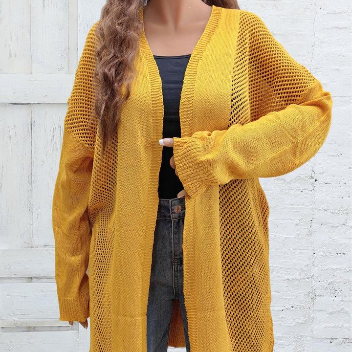 Dame løs strik-kimono med luftig netlook og sidelange slids Stilla