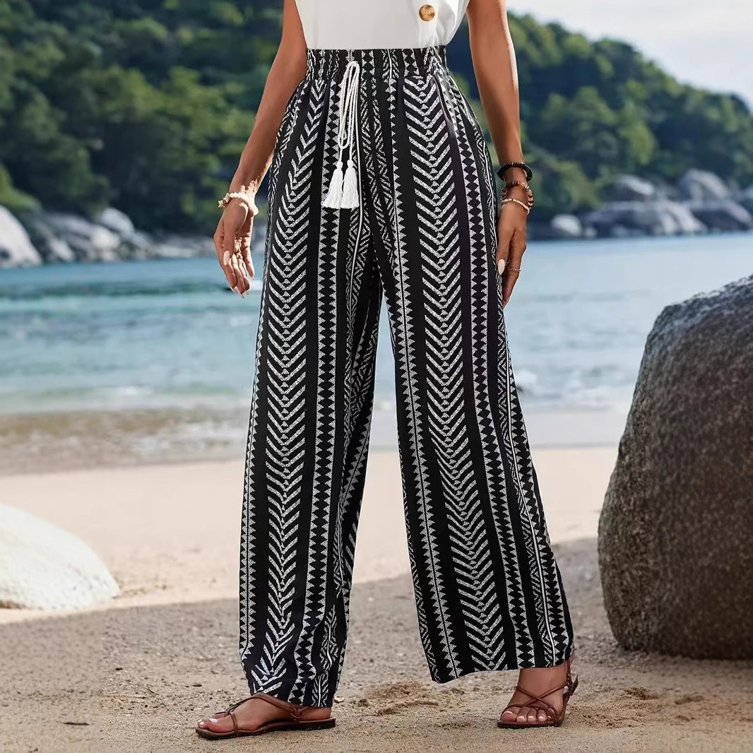 Dame Palazzo-bukser med elastisk talje og fashionable tribal-mønster Stilla