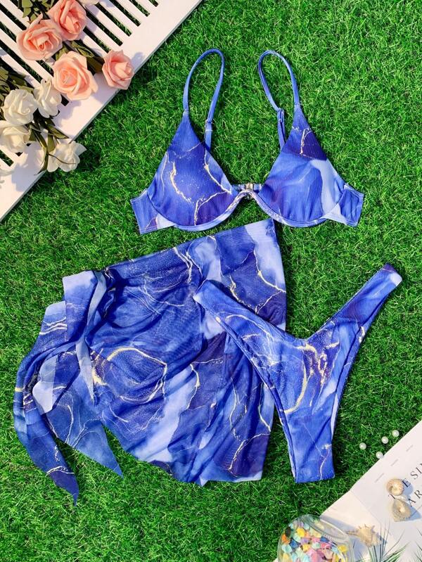 Dame Floral Print Bikini Sæt med matchende Wrap Skirt Stilla