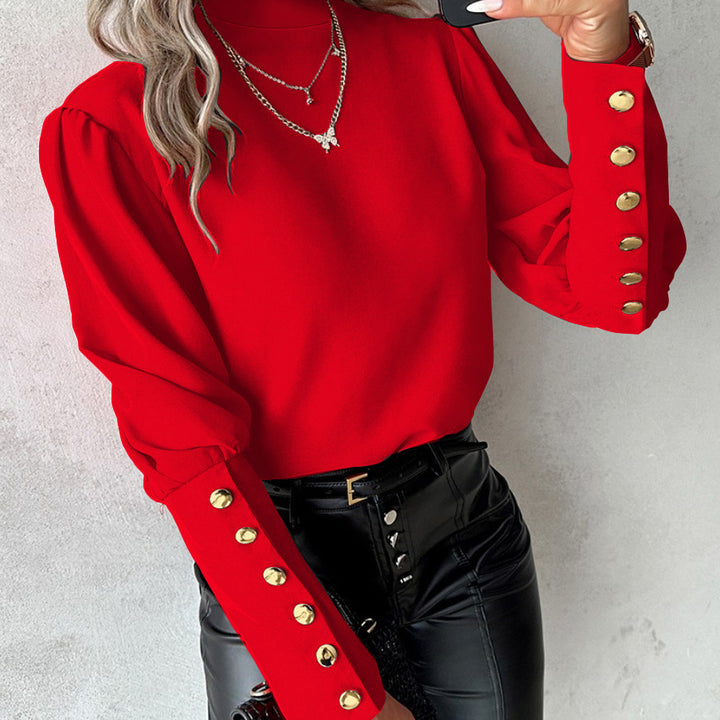Damer Elegant Bluse med quiltet ståkrave og gyldne knapper Stilla