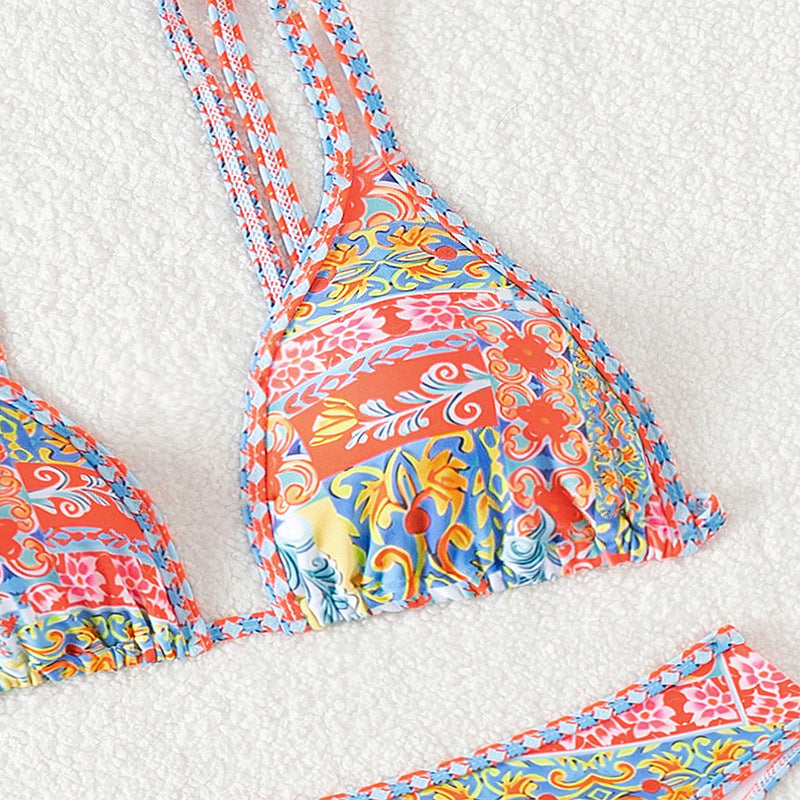 Dame Triangel-Bikini med kreativt blomsterdesign og justerbare stropper Skovae