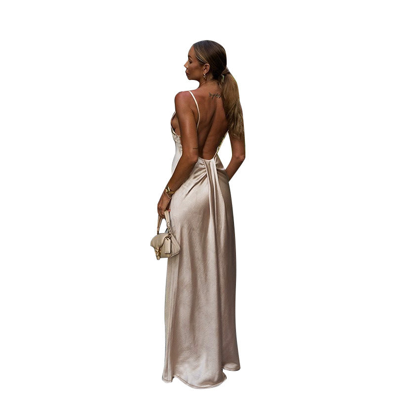 Dame Elegant Satin Maxikjole med ultratynde spaghetti-stropper Skovae