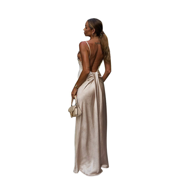 Dame Elegant Satin Maxikjole med ultratynde spaghetti-stropper Skovae