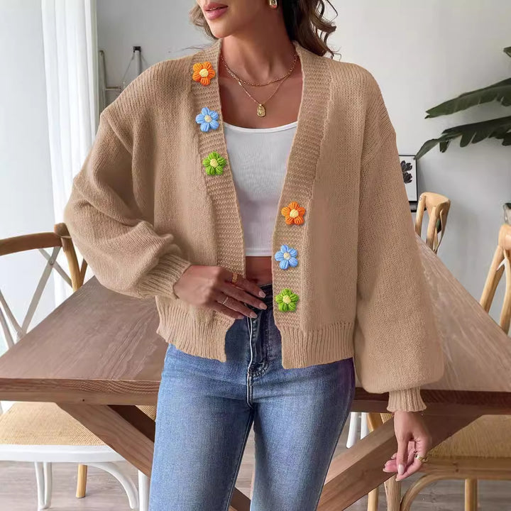 Dame Trendy Strikjakke med farverige Blomsterapplikationer Stilla