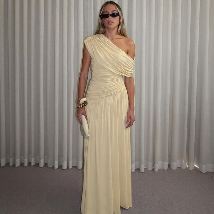 Dame Elegant asymmetrisk maxikjole med draperinger Skovae