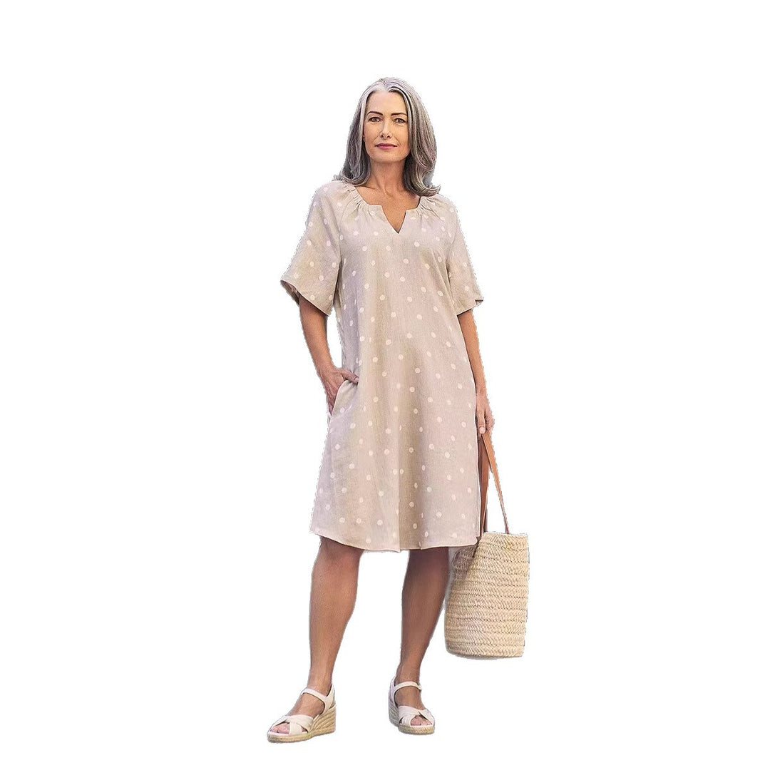 Dame afslappet casual-kjole med praktiske lommer og fashionable V-udskæring Stilla