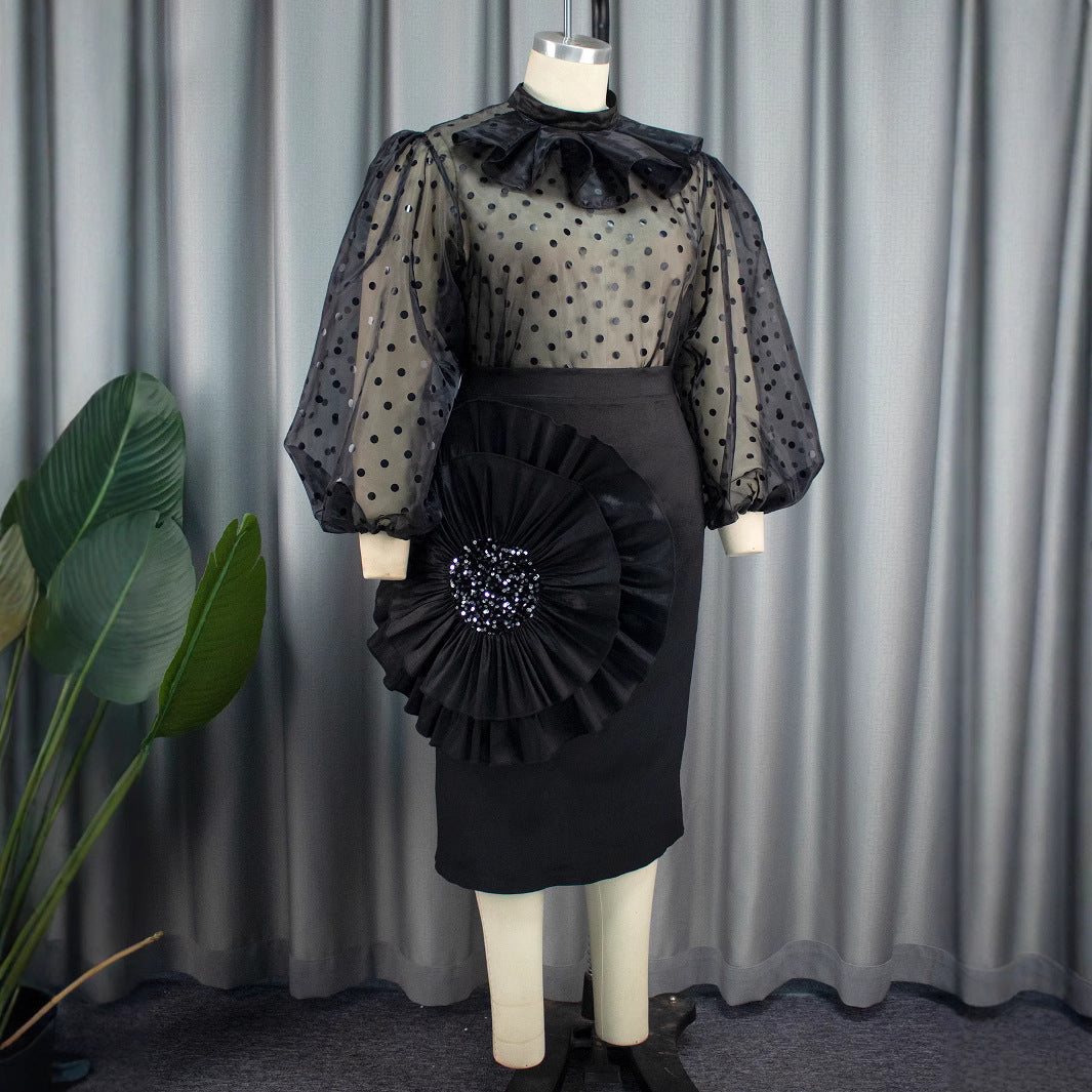Dame Elegant kjole med transparente pufærmer og ruchesaccent Skovae