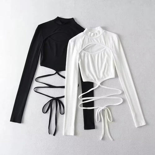 Dame crop langærmet top med fashionable bindebælte og raffinerede cut-out detaljer Stilla