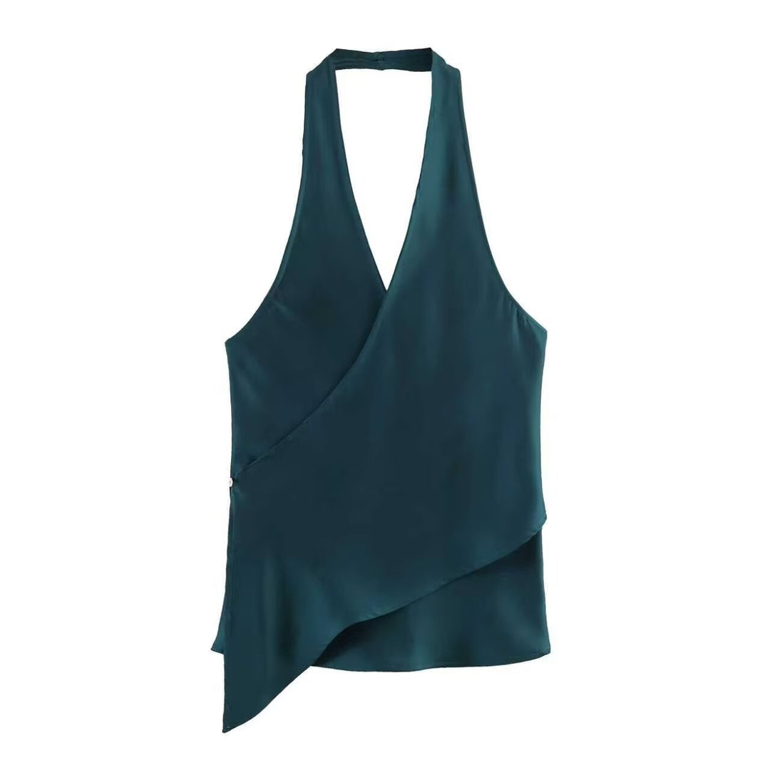 Damer elegant haltertop med asymmetrisk snit og skinnende satin finish Skovae